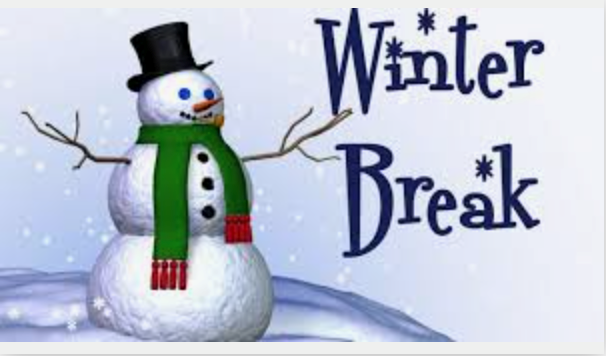 Image of a snowman wearing a green scarf with the text:  Winter Break