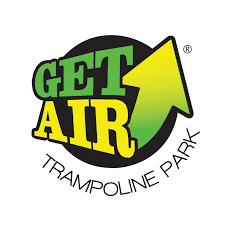 Text:  Get Air Trampoline Park with the logo:  black circle with the words get air and an arrow pointing up in green and yellow