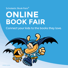 Image of characters Dog Man & Cat Kid wearing capes with a blue backround. Text:  Online Book Fair