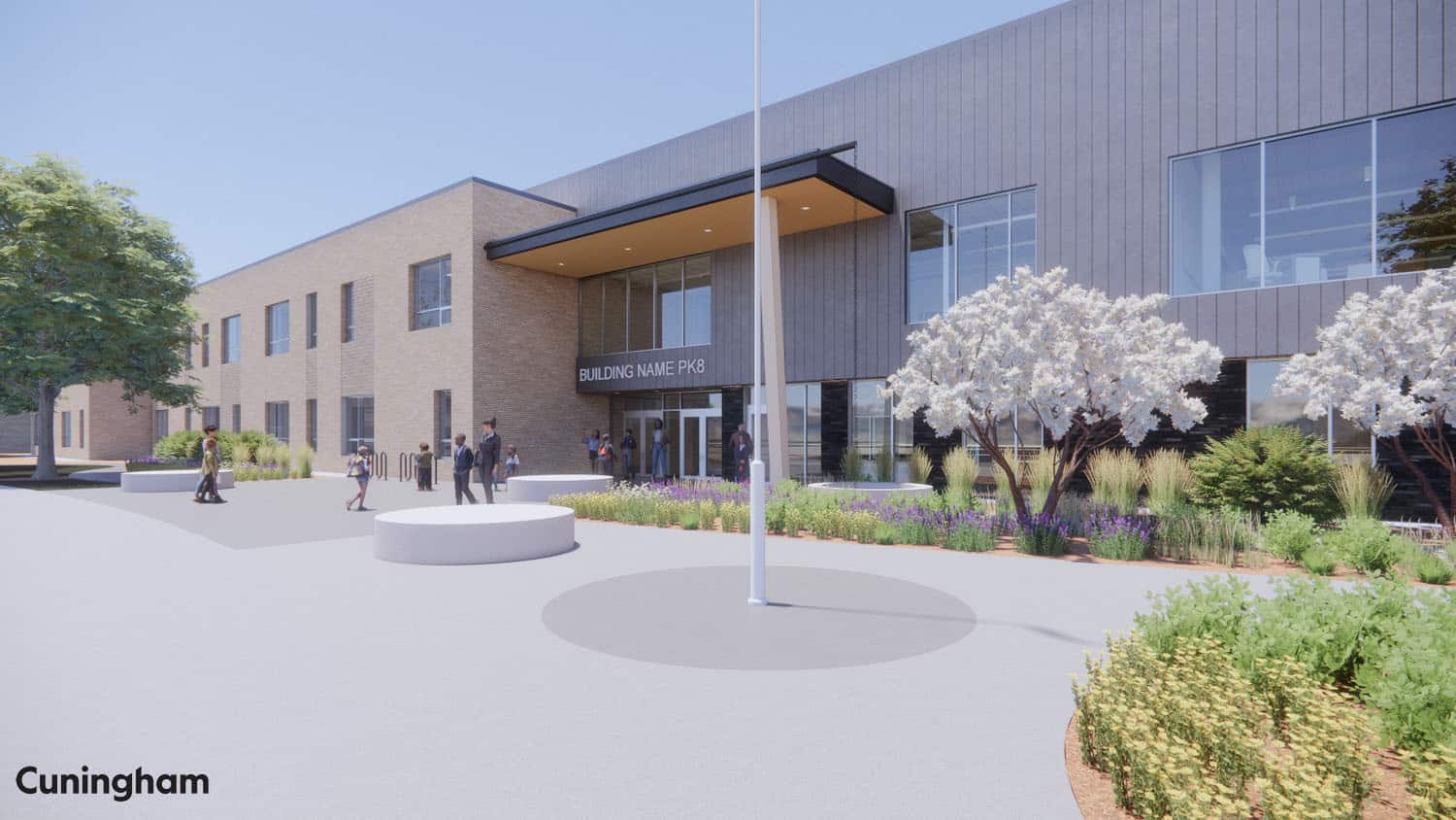 Rendering of the new Mead PK-8, a modern building entrance with landscaping, people walking, and flowering trees against a clear blue sky.