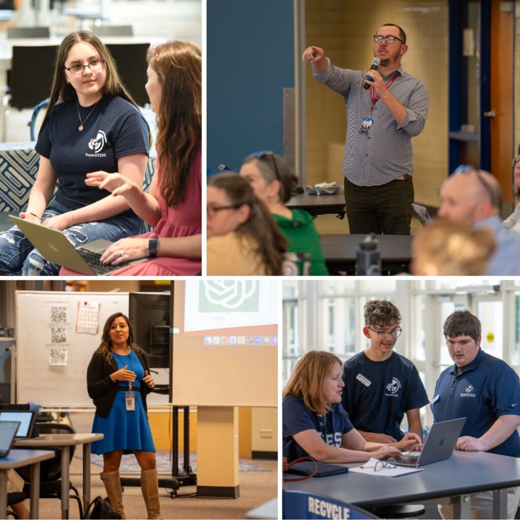 A collage showing diverse individuals engaging in discussions, presentations, and collaborative work in a learning environment.