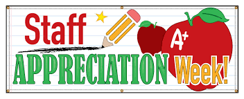 Banner for Staff Appreciation Week featuring an apple, pencil, and the text in colorful letters.