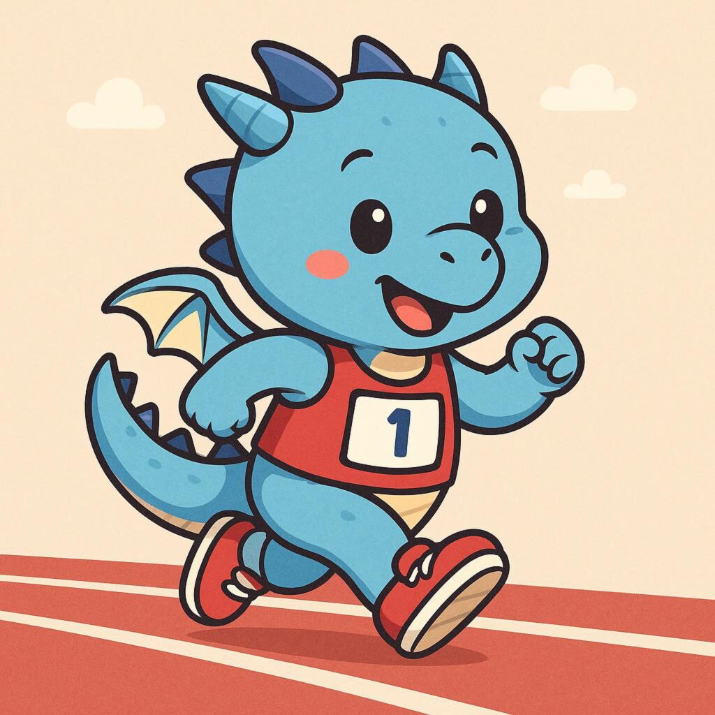 A cute blue dragon with spiky fins runs happily on a track, wearing a red jersey with the number 1.
