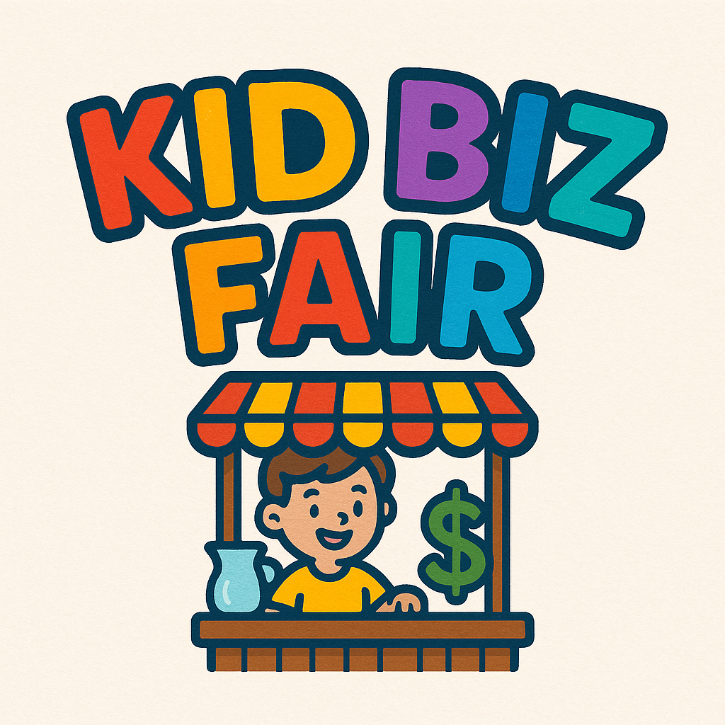 A colorful illustration with "KID BIZ FAIR" text, featuring a smiling child at a booth with a dollar sign.