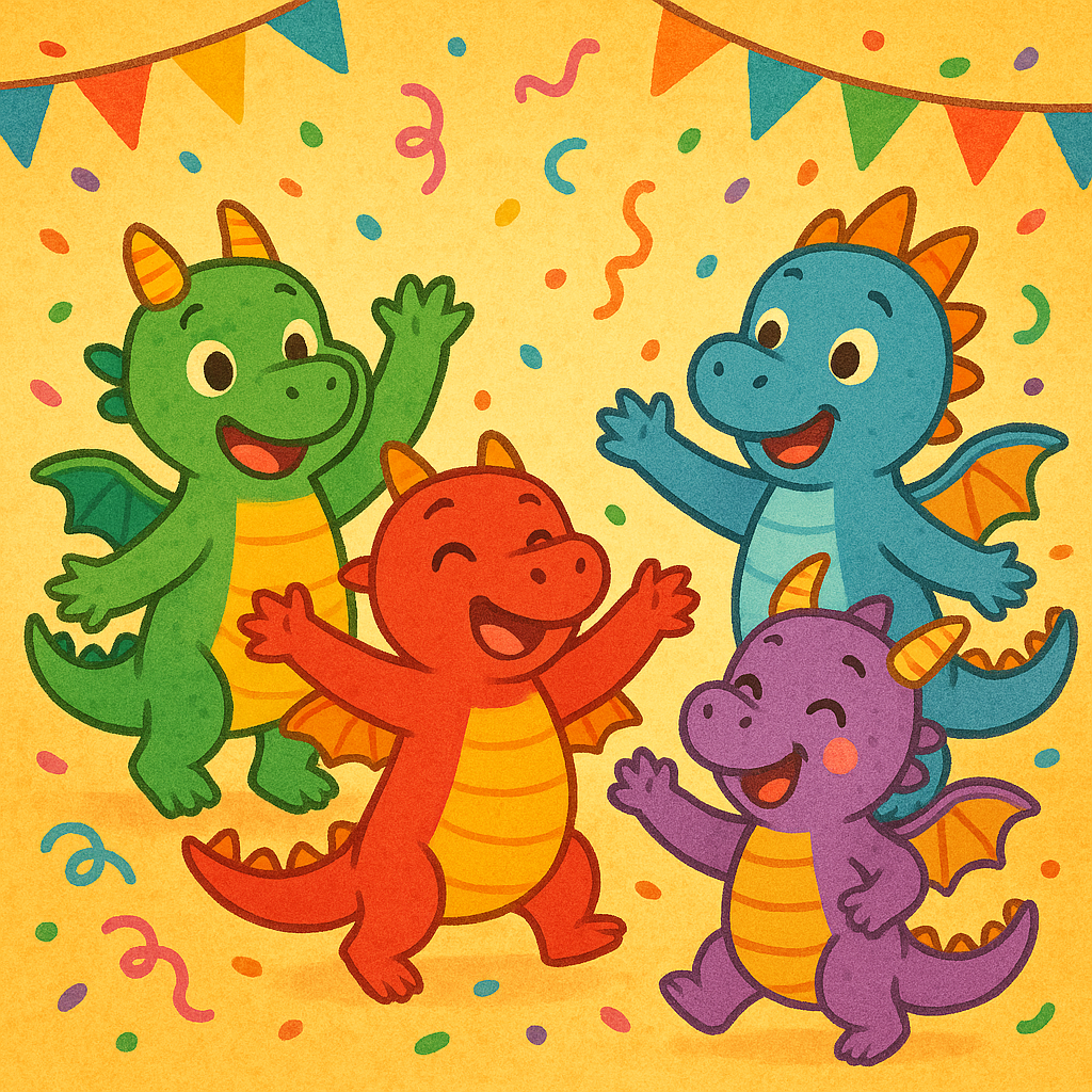 Four colorful cartoon dragons are joyfully celebrating with confetti and banners against a yellow background.