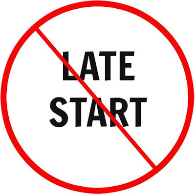 A red circle with a diagonal line over the words "LATE START," indicating no late starts allowed.