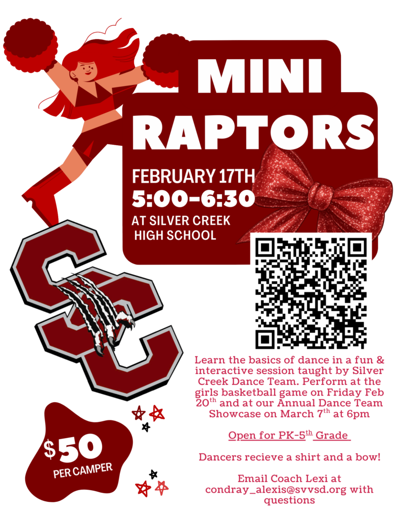 Event flyer for Mini Raptors dance session on February 17th at Silver Creek High School, 5:00-6:30 PM, $50 per camper.