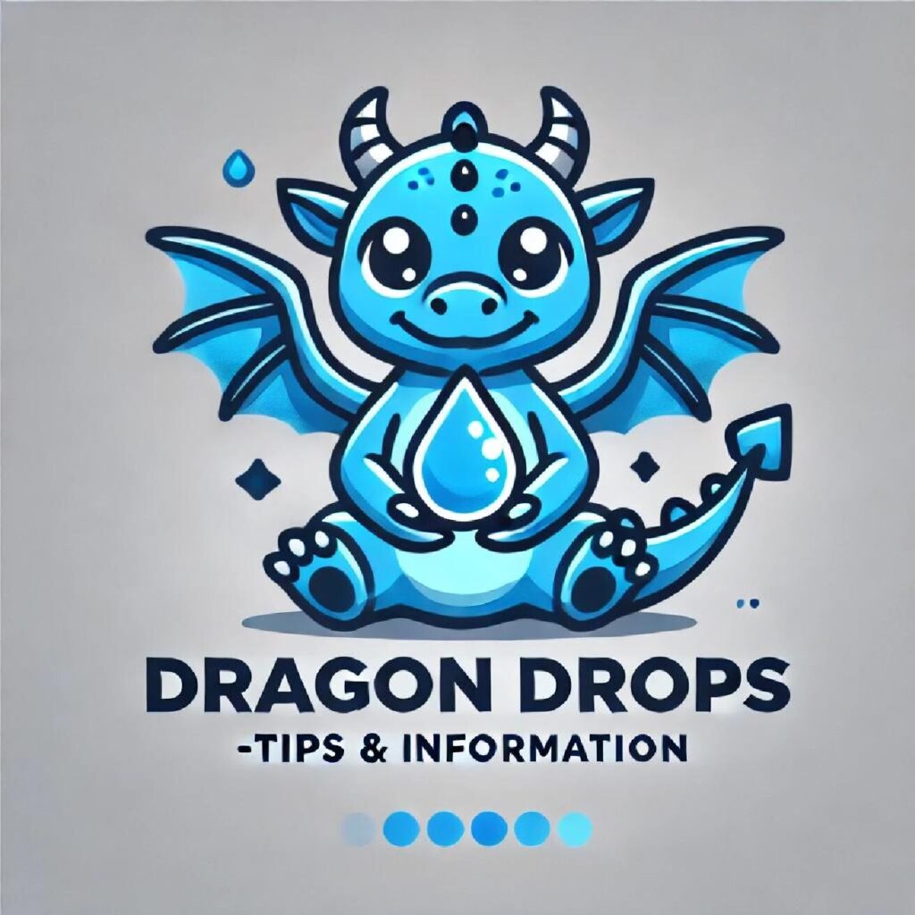 A cute blue dragon holding a water droplet, with "Dragon Drops - Tips & Information" below it on a light background.