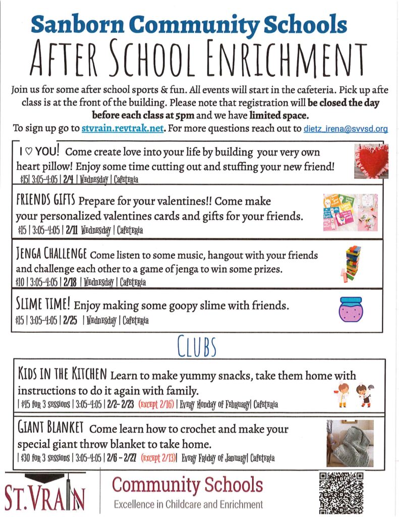 Sanborn Community Schools offers after-school enrichment activities including crafts, games, and cooking classes.