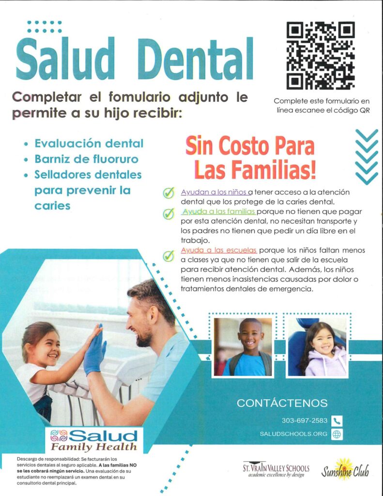 Dental health flyer offering free services for children, including evaluations, fluoride varnish, and sealants.