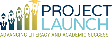 Logo for Project Launch, focused on advancing literacy and academic success, featuring colorful rocket illustrations.