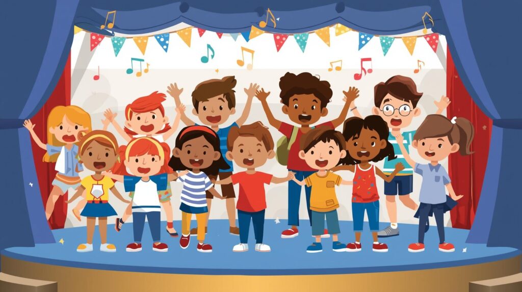 A diverse group of children joyfully performing on stage, surrounded by colorful decorations and musical notes.