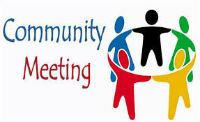 Colorful figures holding hands in a circle, with "Community Meeting" text in blue and red.