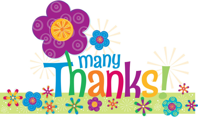 Colorful graphic with a large purple flower and the text "many Thanks!" surrounded by smaller flowers.