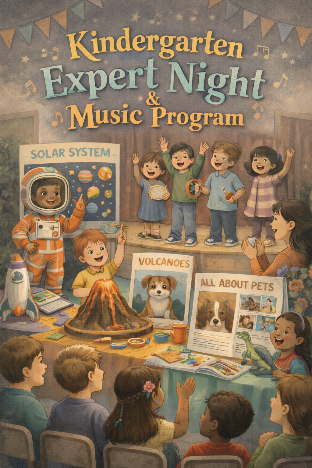 Un animado evento en la guardería en el que los niños presentan proyectos sobre el sistema solar, los volcanes y las mascotas, acompañado de música.