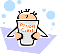 A cartoon character with spiky hair holds a report card, looking concerned, against a light purple background with bubbles.